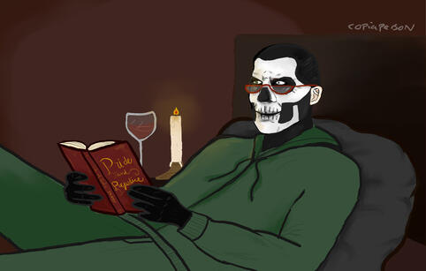 Secondo with his Papal makeup, red glasses, black gloves and a green sweat suit. He is lying on the bed and reading Pride and Prejudice. The book is red with golden letters. There is a cup of wine and a lit candle beside him on the nightstand. He looks hap