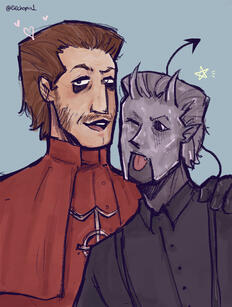 Drawing of Copia as Cardinal with one of his ghouls. They are both looking to the front as if they were taking a picture together, Copia to the left and the ghoul to the right. Copia is wearing his red cassock, and his mouth is slightly open. His hand is o