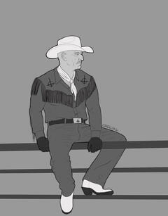Grayscale drawing of Secondo in a cowboy outfit which has some grucifix details. He has white heeled boots, black gloves, a white scarf and a white hat. He is sitting on a fence, with his left leg between the bars, and he is looking to the right.