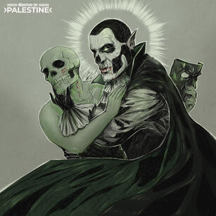 Vampire Secondo holding a non-binary victim on his arms. Their head has become a skull and have vampire bites. They are grabbing a ghoul mask. Secondo's vampire cape is covering their body. Everything is green.