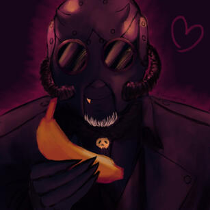 Close-up drawing of Aether Ghoul. He is wearing the era V uniform. There is a dark pinkish aura around him. He has a short white goatee, and a golden fang on his right. He is smiling and offering you a banana. There is a heart drawn on the right.