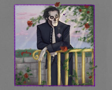 Drawing of Terzo outside in a garden. There is a golden railing in front of him and a gray brick wall behind with some plants on it. A big rose bush is to his left, with some branches intertwined with the fence. Terzo is leaning on the railing with his arm