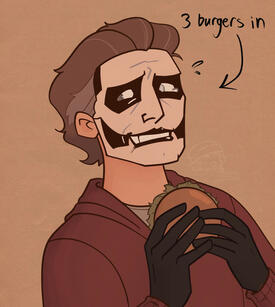 Copia in his Papa era with the red sweatsuit. He is holding a burger with gloved hands. His face is strained as if suffering a little, and he is sweating. Text reads: 3 burgers in.