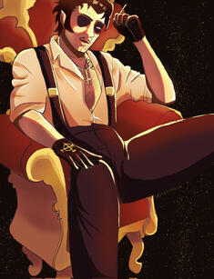 Drawing of Cardinal Copia sitting on a gold and red throne, and as if floating in space. He has his left leg up, and his right towards the viewer. He is resting his right arm on the armrest, with his hand extended. With his left hand, he is holding a cigar