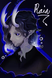 Drawing of Rain Ghoul, he is facing a bit to the left. He is wearing a black shirt. He has the water alchemy symbol on his neck. His ear is pierced and looks like a fin or gills from an aquatic creature. His eyes are bright, full of cool colors like light