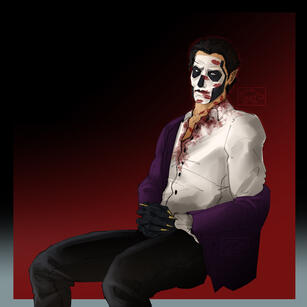 Drawing of vampire Terzo with his papal makeup. He is sitting with his gloved hands clasped together on his lap. The gloves have pointy golden nails. He is wearing black pants, a purple jacket that's hanging low, and a white half-unbuttoned shirt covered i
