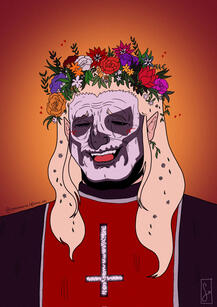 Close-up drawing of Primo. He is wearing his papal makeup and outfit, and the crosses in the middle are very bright. He has a very colorful flower crown, and some small leaves and flowers are all over his long light blond hair. He is smiling a lot with his