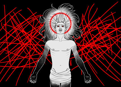 Black and white drawing of Dewdrop. He is naked except for a cloth around his hip. He is floating completely straight, with his arms extended and a bit separated from his body, with his palms to the front. His limbs are a gradient from the white of his bod