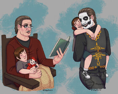 Drawing of two scenes with Copia and a kid. The kid is his. On the left, they are sitting on a wooden chair. The child is sleeping as they hold a Plushia. Copia is in his red sweater jacket. He has glasses on and is reading a book to the kid. He’s holding