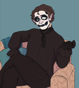 Drawing of Copia as Papa sitting on a beige patterned sofa. There is a blue cushion by his side and his sparkly blue jacket is on the back of the sofa. He is sitting with his legs crossed, his left one on top. His right hand is resting on the cushion, whil