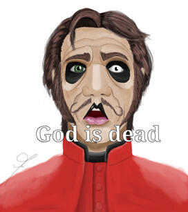 Close-up drawing of Copia as Cardinal, with his red cassock. His face is exaggerated, with big eyes. He looks shocked, with wide-open eyes and open mouth. His mustache is curled upwards. The text in front of him reads “God is dead”.