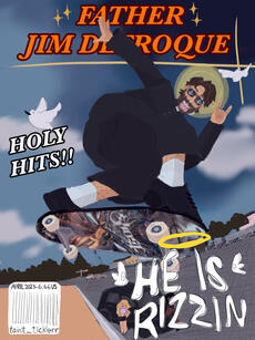 Drawing of Jim Defroque skating as if it were the cover of a magazine. He is doing a jump trick in a parking lot, and you can see him from below. The underside of the skateboard with Phantomime’s cover is visible. He is wearing black shoes and white socks,