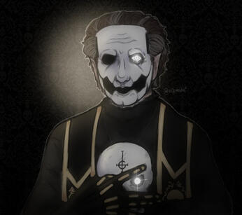 Drawing of Copia as Papa from the chest up. He is wearing the long black chasuble with the black and gold stole, the black gloves with golden bones, and a grucifix necklace. His white eye is glowing. The chasuble has a skull drawn, and its left eye is also