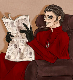 Copia as Cardinal sitting in a big comfy brown leather armchair. He is wearing the red cassock, and has golden reading glasses on. He is holding a newspaper up with gloved hands, and reading it. The wall behind him has a creamy colour.