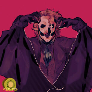 Drawing of Copia with his batwing outfit. He is looking directly at the viewer. His white eye is shining as a white four-point star. His ears are bat-like. He has his hands near his face, in a position as if hunting you. The background is a strong pink.