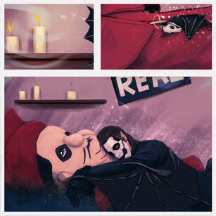 Drawing with 3 panels. Panel1 (top left): There are two lit candles on top of a shelf. A bit of a wing is visible, as something has just flown by. Panel 2 (top right): A small bat is lying over a Plushia. The bat has Copia’s papal makeup. Panel 3 (bottom):