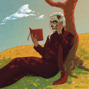 Drawing of Primo sitting on a green field full of flowers at sunset. The sky is clear with just one cloud. His back is against a tree. He is wearing a black cassock with a stole. He is holding a book in his right hand, and he is adjusting his glasses with