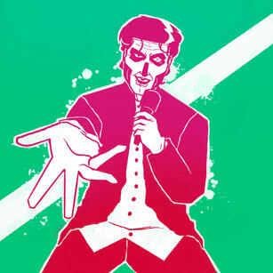 Very stylized drawing of Terzo during Cirice. The background is green with a white stripe and droplets near Terzo. He is painted with white and a red-pink gradient. He has his right hand towards the viewer, while holding the mic with the other near his mou