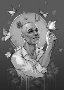 Upper body grayscale drawing of Secondo. He is surrounded by faint flowers dissolving and dripping. He is wearing a white shirt. His hand is up, holding a butterfly that has landed on his finger. He is looking at it with a soft smile, and looks happy. He h
