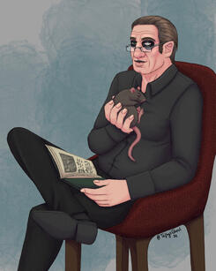 Drawing of Copia with his normal makeup (black eyes and upper lip) and black dressing shirt, pants and shoes. He is sitting on a red chair with his right leg crossed over the other. He has glasses on and is reading a book. With his right hand, he is holdin