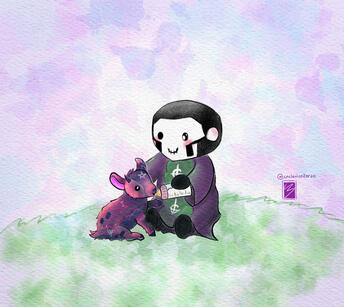 Chibi-style drawing of Secondo. He has his papal robes and makeup, without the mitre. He is sitting on a patch of grass with a baby goat. He’s holding a milk feeding bottle, from where the goat is drinking. The goat has a pentagram on its head, small horns