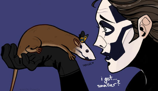 Close-up drawing of Copia with his papal makeup, where you see his left side profile, as he is facing the left. His hand (with a black glove) is in front of him, and he is holding a brown rat. The rat has the same papal makeup and a small mitre.