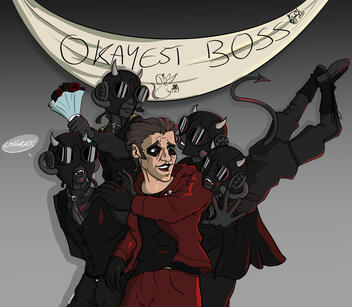Drawing of Copia with 4 of his ghouls, all from era 5 and with the ritual gear. Copia is wearing his red sweatsuit and normal makeup. He has a “#1 Boss” pin and a Palestine flag pin. The ghoul on the right, to Copias left, is jumping onto him enthusiastica