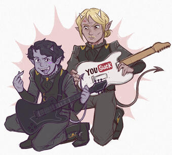 Drawing of Phantom and Sodo with their ritual gear but without helmets. They are both kneeling down, but Phantom is a bit lower and closer. He is looking kinda playfully at the viewer, with his mouth open and sticking his tongue out. He is holding the fret