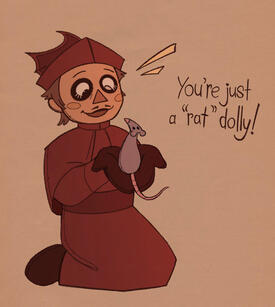 Cartoony-style drawing of Copia as a ragdoll. He still has the Cardinal era face and is wearing the red cassock. He’s on his knees and is holding a ragdoll gray rat on his hands, looking at it. The rat is looking back at him. There is some text to the righ
