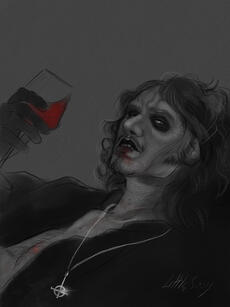 Copia with his Cardinal face, lying down, where you can see from his chest up. His head is to the right of the drawing. He has long wavy hair, sideburns and a goatee. He is wearing a black shirt, and it’s open. He has a silvery grucifix necklace, and it’s