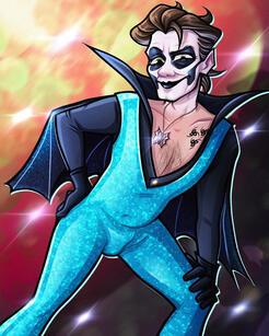 Drawing of Copia in a blue almost turquoise disco outfit. It’s all one piece of clothing, and the chest area is open. The antichrist mark is visible. The neck of the suit is huge and wide, going over his eyes and over his shoulders. There are bat wings on