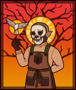 Drawing of Primo with a gardening apron, a beige wool sweater and dark brown gloves. He has a nimbus behind his head. The apron is brown, darker brown and green, with a grucifix in a central pocket. He is smiling with his eyes closed. His head is bald and