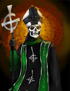 Drawing of Secondo with his papal outfit with the green stole and the mitre, and his papal makeup. He is standing in the middle, looking distantly to the left. With his right hand, he is holding the grucifix staff, which stands near his mitre. The backgrou