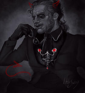 Drawing of Copia with his Cardinal face in the Frater Imperator outfit. He is sitting sideways, and is looking to the left. He has longer hair than normal and the sideburns and mustache. He is holding a pair of glasses with his right hand and biting on one