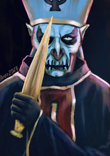 Closeup drawing of Primo, where you can see from his chest up. He is wearing his papal robes and makeup. He is looking directly at the viewer in a serious, menacing way. With his left hand, he is holding a sort of golden dagger, which covers his right eye