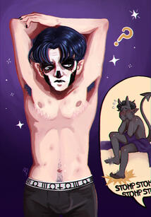 Drawing of Terzo with his shirt off and in black boxers. The elastic band has the omega symbol, a three in roman numbers and an inverted cross. His arms are stretched over his head, with his elbows bent down. You can see his top surgery scars. He has his p