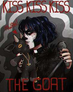 Close-up of young Nihil holding a goat plushie. He is facing left, but looking at the viewer with his white eye. He has the papal makeup, and is blushing. He is wearing a black fur coat, and black nail polish. With his left hand, he is holding the micropho