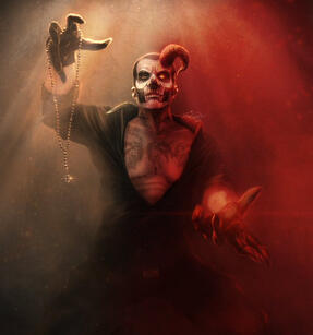 Drawing of Secondo with a black shirt, black pants, black gloves and his papal makeup. He is standing a bit over the viewer, as in a cirice-ing position. His shirt is unbuttoned on the top, showing his tattooed chest with Cerberus and a chain that goes to