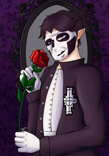 Drawing of Terzo from the waist up. He is standing in a purple room with black decorative plant motifs. In the center, there is a mirror, and the frame also has black decorative plant motifs, with black roses. Terzo is smiling at the viewer. He has vampire