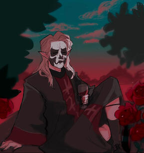 Drawing of Primo sitting in the garden. He is wearing his papal robes and makeup, and black socks and elegant shoes. He has long ears and long blond hair, and his eyes are closed. His right hand is on the floor, supporting his weight. With his left one, he