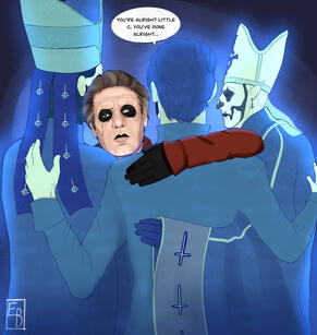 Drawing of Copia with his Papa face with his red sweatsuit and normal makeup. He is surrounded by the ghosts of his brothers, and they are all hugging. Copia is facing to the front, and you can see a black tear stained by the makeup running down his face.