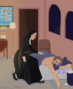 Drawing of Copia and a Sister of Sin in his room. Copia is lying down on his bed sick. His face is red from the fever and he looks messy. There is a rubbish can next to him full of used tissues. The Sister is almost kneeling down next to him, with a worrie