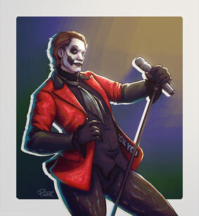 Drawing of Copia as Papa during a ritual. He is wearing the ragged pants and the red sparkly jacket with the black sparkly scarf. You can partly see the “Fuck you” patch. He has the microphone stand between his legs, and is holding the mic with his left ha