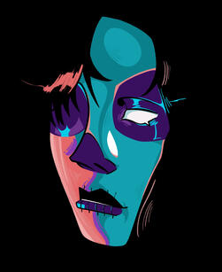 Stylized drawing of young Nihil. It is a closeup of his face. The background is black, and all you can see is his face with strong lighting. The right side of his face (from our pov) is shaded with a light blue, almost turquoise. The left side is shaded wi