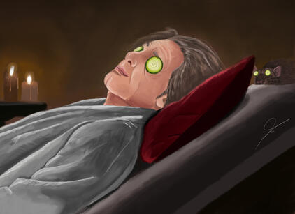 Drawing of Copia lying in a spa bed. He is wearing a gray bathing robe. His head is on a red cushion. There are some lit candles in the background, but the room is quite dim. Copia has cucumber slices on his eyes. He looks relaxed and happy. Behind his hea