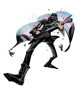 Aether ghoul with his ritual clothes and helmet. He is playing his guitar. He has a very expressive pose, as if he’s giving everything. He has a metal ring on his left hand. Behind him, there is a big trans flag with hanging golden decorations in the corne