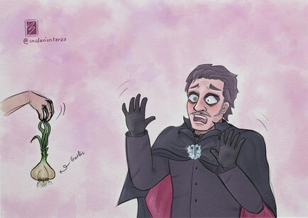 Drawing of Copia as Dracopia from his Cardinal era, with the cape and black gloves. He looks scared and is waving his hands, and he has his mouth open, so you can see his fangs. To the left, where he is looking, there is a hand holding some garlic. The bac