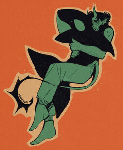 Drawing of Rain ghoul hugging an orca stuffed animal he has fin-like ears, horns and a tail. You can see a water element tattoo on his left arm. They are painted in green, while the background is orange.