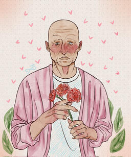 Drawing of Primo wearing a white t-shirt and a pink robe. He is looking at the viewer, all blushed. He is holding three roses with his long-nailed hands. There are small hearts around the background, and some leaves at the bottom.