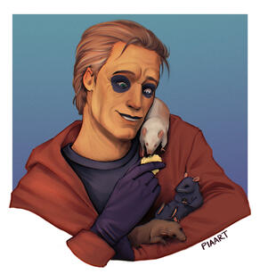 Drawing of Copia with his red sweatsuit and black gloves. He is holding two rats on his left arm, while a third one is on his shoulder. He is feeding this last rat. He looks happy.